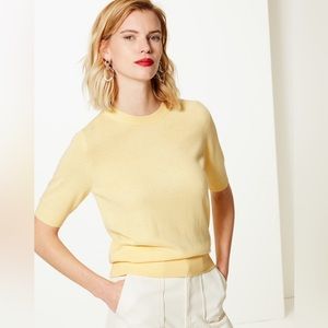 Rodier Wool Blend Basic Top L Knit Short Sleeves Made in France Stretchy mustard